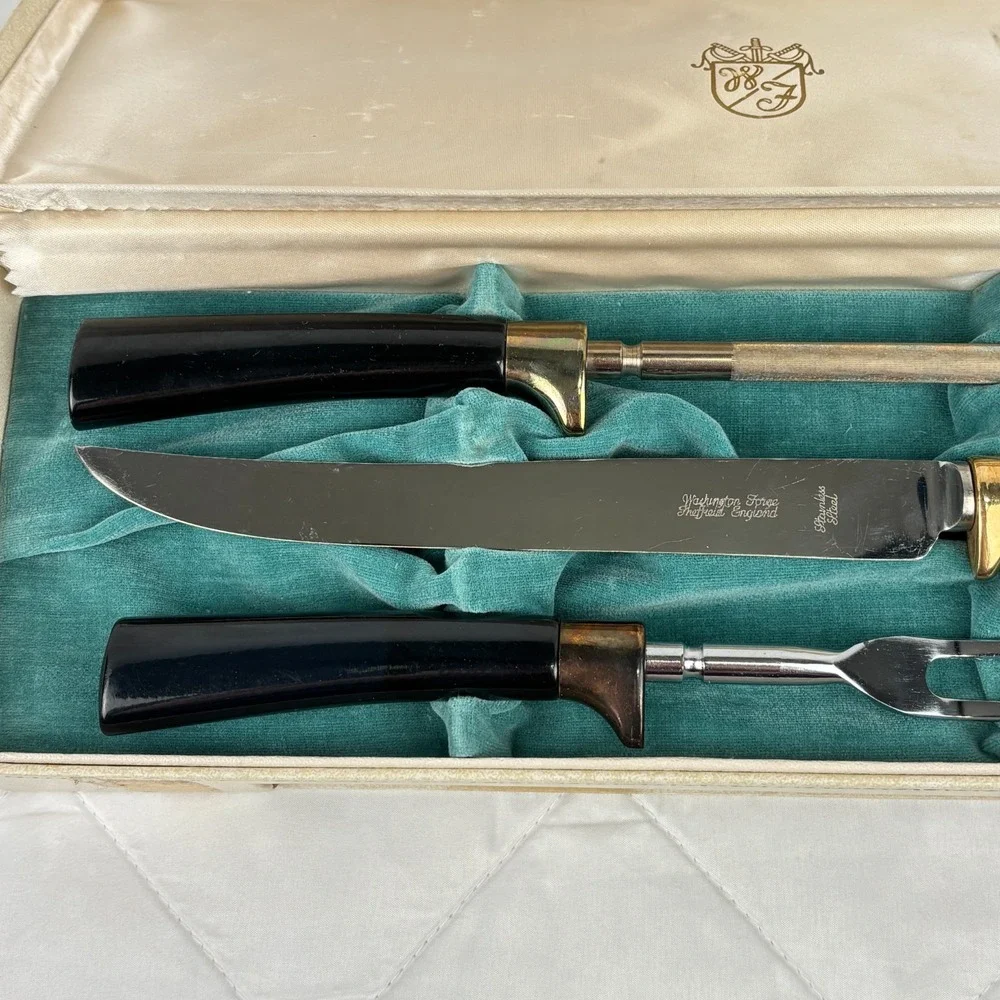 Vintage Washington Forge Steak Knife Carving Set 24K Gold Plated Boxed MCM